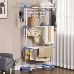 Homcom Sechoir à linge étendoir pliable 3 niveaux 2 ailes latérales à cintres acier blanc PP bleu