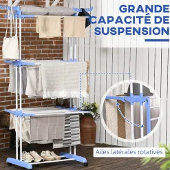 Homcom Sechoir à linge étendoir pliable 3 niveaux 2 ailes latérales à cintres acier blanc PP bleu