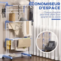 Homcom Sechoir à linge étendoir pliable 3 niveaux 2 ailes latérales à cintres acier blanc PP bleu