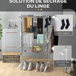 Homcom Sechoir à linge étendoir pliable ailes latérales sur 3 niveaux* Etendoir À Linge