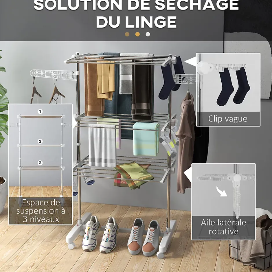 Homcom Sechoir à linge étendoir pliable ailes latérales sur 3 niveaux* Etendoir À Linge