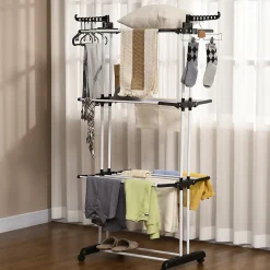 Homcom Sechoir à linge étendoir pliable 3 niveaux 2 ailes latérales à cintres acier blanc PP noir