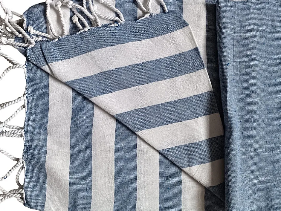 Dylrev Serviette de Plage Fouta Rayée avec Frange 90x180cm - Lot de 4 en Marine