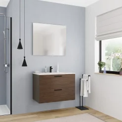 Ceramia Set complet 80 cm : vasque blanc mat + meuble couleur chêne (-4DW80-V)* Meuble Vasque