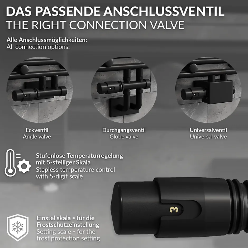 Luxebath Set vanne thermostatique universel noir pour radiateur de salle de bain à raccord central* Sèche-Serviettes Eau Chaude