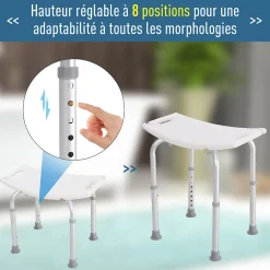 Homcom Siège de douche réglable en hauteur tabouret de douche ergonomique pieds antidérapants charge max. 136 Kg alu HDPE blanc