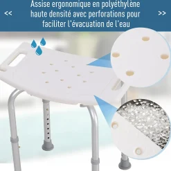 Homcom Siège de douche réglable en hauteur tabouret de douche ergonomique pieds antidérapants charge max. 136 Kg alu HDPE blanc