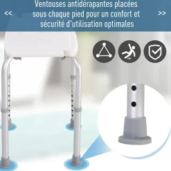 Homcom Siège de douche réglable en hauteur tabouret de douche ergonomique pieds antidérapants charge max. 136 Kg alu HDPE blanc