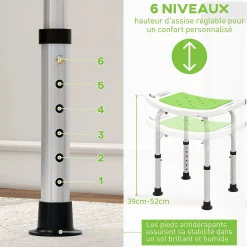 Homcom Siège de douche réglable en hauteur tabouret de douche ergonomique pieds antidérapants charge max. 135 Kg alu HDPE blanc vert* Siège De Douche