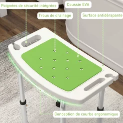 Homcom Siège de douche réglable en hauteur tabouret de douche ergonomique pieds antidérapants charge max. 135 Kg alu HDPE blanc vert* Siège De Douche