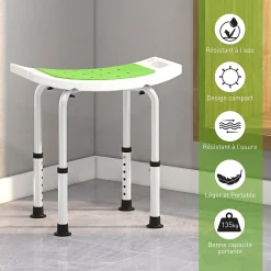 Homcom Siège de douche réglable en hauteur tabouret de douche ergonomique pieds antidérapants charge max. 135 Kg alu HDPE blanc vert* Siège De Douche