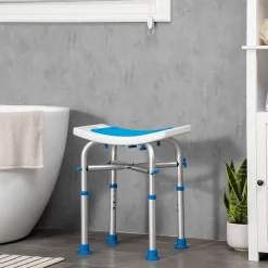 Homcom Siège de douche réglable en hauteur tabouret de douche ergonomique pieds antidérapants charge max. 150 Kg alu HDPE blanc bleu