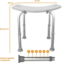Linxor Siège, tabouret de douche rectangle réglable en hauteur - Blanc - Vivezen