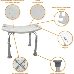 Linxor Siège, tabouret de douche rectangle réglable en hauteur - Blanc - Vivezen
