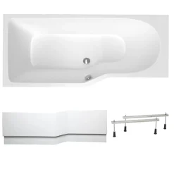Siko 160x80 cm Beata Plus baignoire bain/douche asymétrique en acrylique, gauche + tablier 160 cm + pieds, blanc