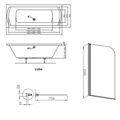 Siko 160x70 cm Ensemble baignoire universelle + Pare baignoire pivotant chrome + pieds (CUB1600PLUS-SETP1)