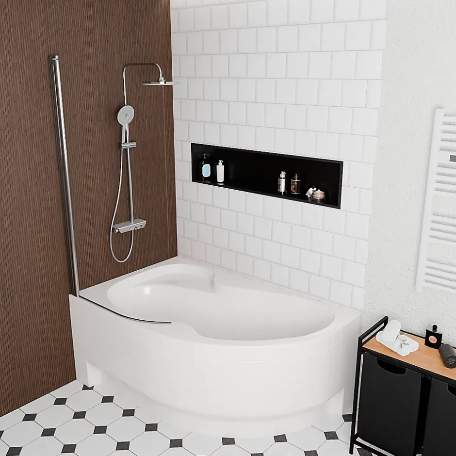 Siko 160x100 cm Fortuna Plus baignoire d'angle en acrylique, gauche + tablier + pare-baignoire, pieds, blanc (FO1600LPLUS-SETP1)
