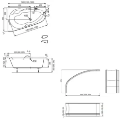 Siko 140x95 cm Laguna Luiza baignoire d'angle gain de place en acrylique, gauche + tablier 140 cm + pieds, blanc (LU1400L-SET1)