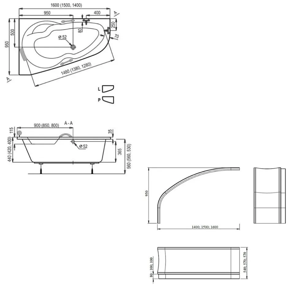 Siko 140x95 cm Laguna Luiza baignoire d'angle gain de place en acrylique, gauche + tablier 140 cm + pieds, blanc (LU1400L-SET1)