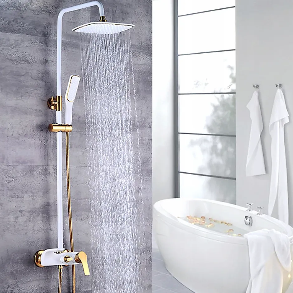 Silla Global Silla Élégant Colonne de Douche avec Mitigeur Réglable en Hauteur Système de Douche, Blanc / Doré* Colonne De Douche Mécanique