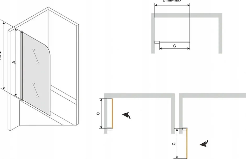 Silla Global Silla Pare-baignoire pivotant, 70x140 cm, Noir