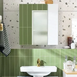 Sobuy Armoire Murale avec Miroir, 1 Porte 3 Compartiments, Étagères Réglables, Blanche