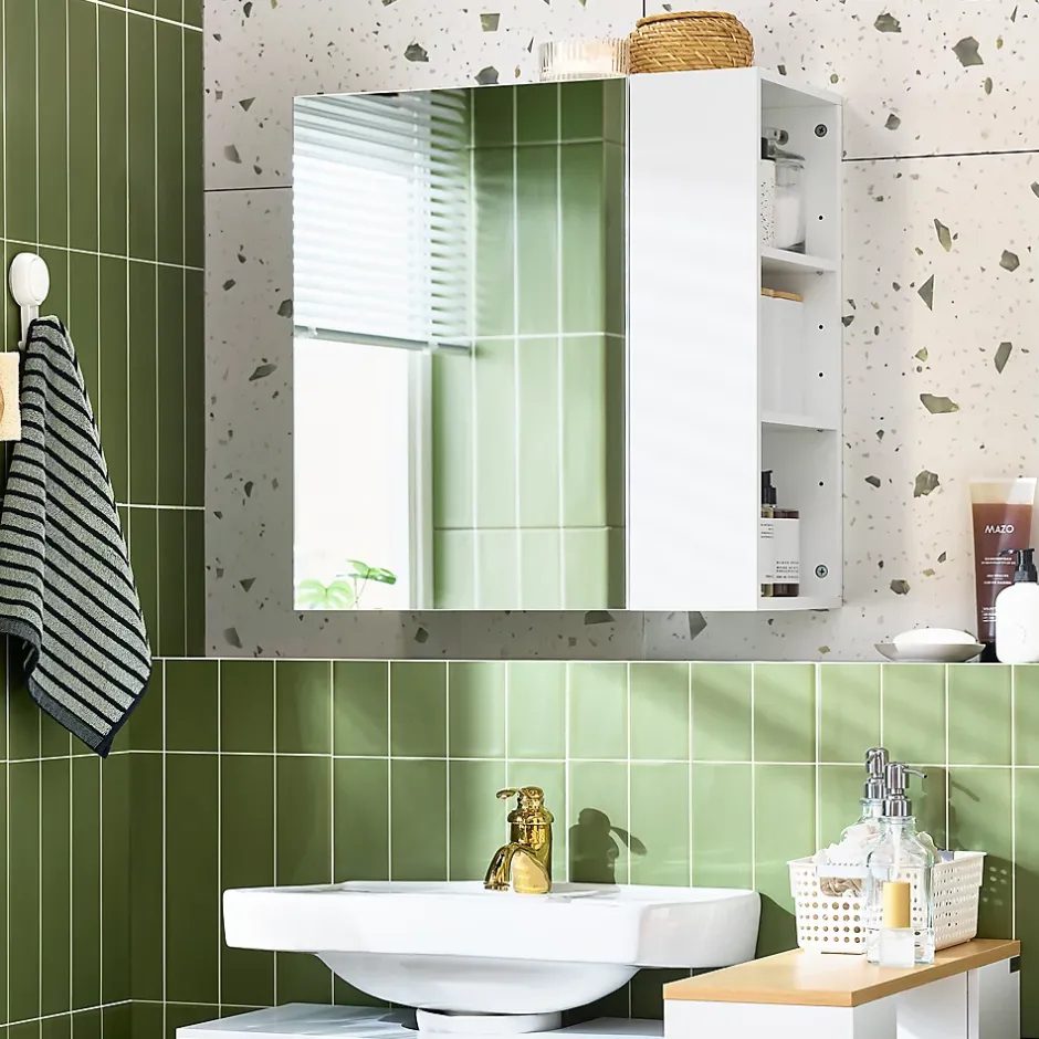 Sobuy Armoire Murale avec Miroir, 1 Porte 3 Compartiments, Étagères Réglables, Blanche