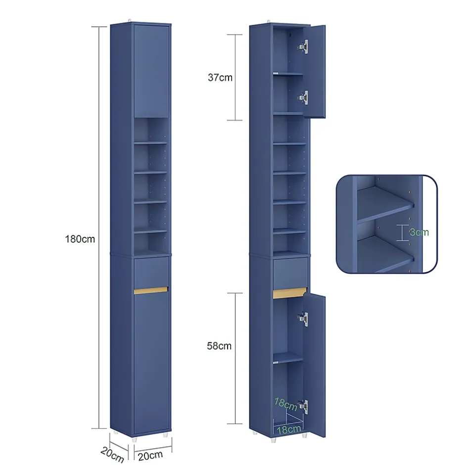 Sobuy Armoire Salle de Bain en MDF Bleue avec Tiroir et Étagères Réglables