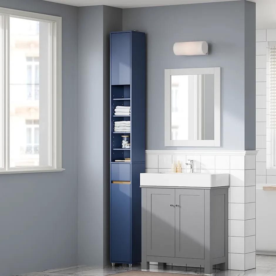Sobuy Armoire Salle de Bain en MDF Bleue avec Tiroir et Étagères Réglables