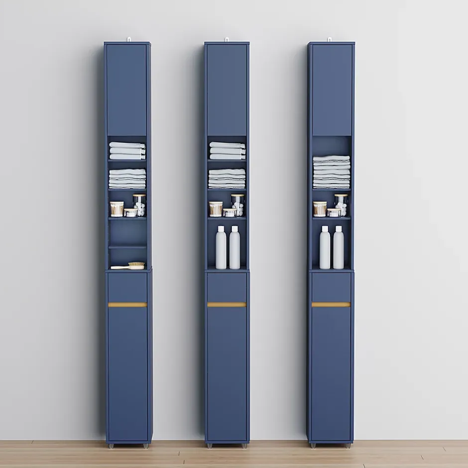 Sobuy Armoire Salle de Bain en MDF Bleue avec Tiroir et Étagères Réglables