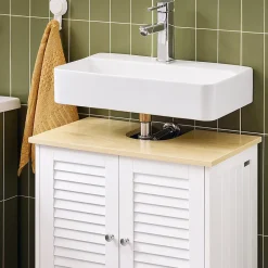 Sobuy Meuble Lavabo Salle de Bain 2 Portes 2 Étages Blanc en Bois Naturel