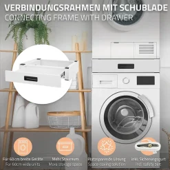 Ml-Design Socle pour machine à laver en acier blanc accessoire avec tiroir 60,5x54x15 cm