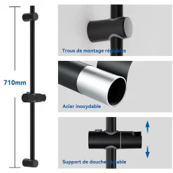 Sofetiy Max Barre de douche en acier inoxydable - Kit complet avec coulisseau rond et fixations chromées