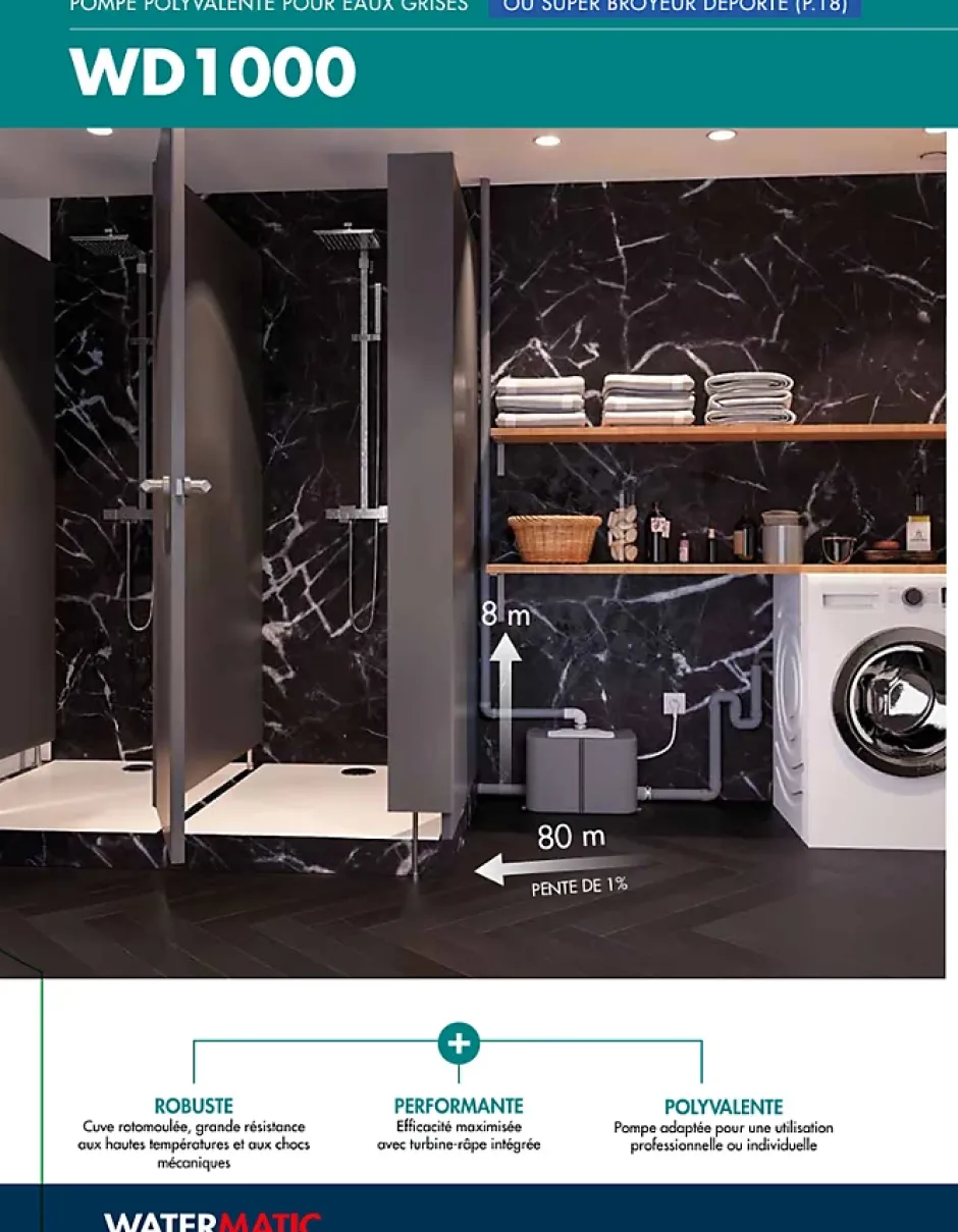 Watermatic Superbroyeur 4 entrées pompe de relevage intégrée WD1000 évacuation de 1 évier+1 lavabo+1 douche+1 machine à laver