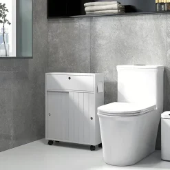 kleankin Support papier toilette sur roulettes - armoire papier toilette - 2 portes coulissantes, étagère, 2 compartiments fermés - blanc* Meuble Wc