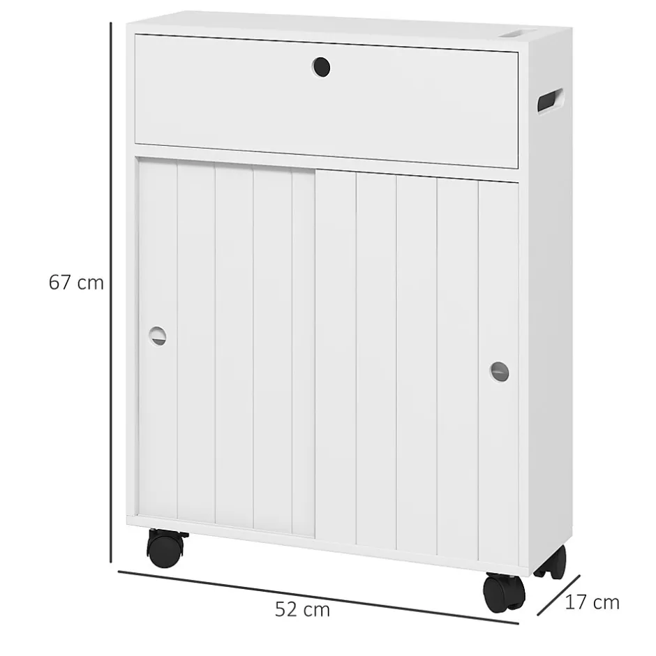 kleankin Support papier toilette sur roulettes - armoire papier toilette - 2 portes coulissantes, étagère, 2 compartiments fermés - blanc* Meuble Wc