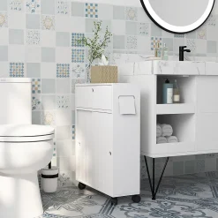 kleankin Support papier toilette sur roulettes - armoire papier toilette - 2 portes coulissantes, étagère, 2 compartiments fermés - blanc* Meuble Wc