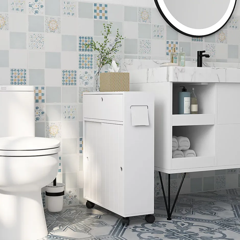 kleankin Support papier toilette sur roulettes - armoire papier toilette - 2 portes coulissantes, étagère, 2 compartiments fermés - blanc* Meuble Wc