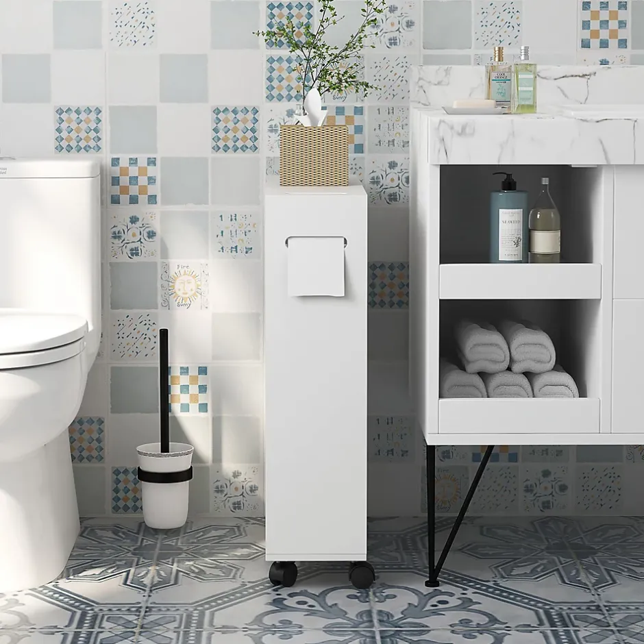 kleankin Support papier toilette sur roulettes - armoire papier toilette - 2 portes coulissantes, étagère, 2 compartiments fermés - blanc* Meuble Wc