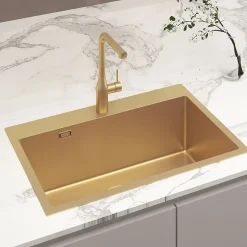 Swiss Aqua Technologies Aurum Évier de cuisine encastrable inox 304, 1 bac , 68x45x21 cm, Or brossé PVD* Vasque À Encastrer