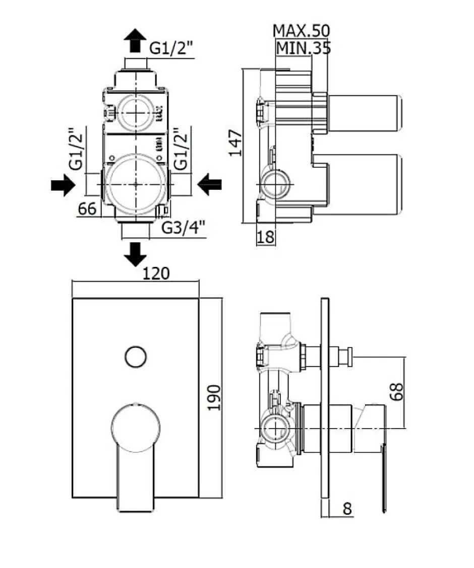 Swiss Aqua Technologies by Paffoni B-Way Set de finition de douche avec levier, 2 sorties, + Corps encastré inclus (SATBSBW215)* Colonne De Douche Sans Robinetterie