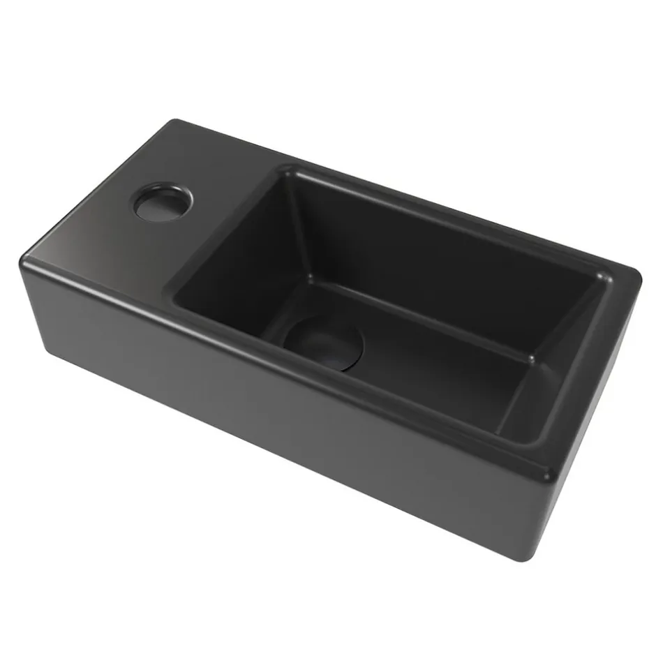 Swiss Aqua Technologies Brevis Lave-mains suspendu Noir mat avec trou pour robinetterie à gauche, 40,5x20,5x10,5cm + Bonde