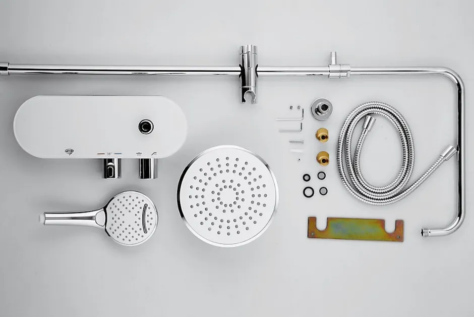 Swiss Aqua Technologies Colonne douche, Douchette 3 jets, mitigeur thermostatique, Barre réglable en hauteur, Chrome/Blanc