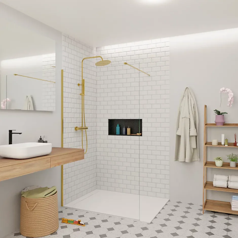 Swiss Aqua Technologies Walk-in 120x200cm Paroi en verre Crystal Glass 8 mm anticalcaire, avec bras et profilés or* Paroi De Douche