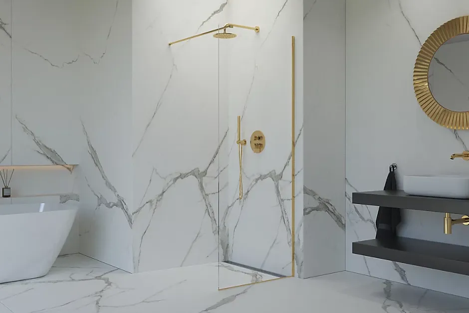 Swiss Aqua Technologies Walk-in 120x200cm Paroi en verre Crystal Glass 8 mm anticalcaire, avec bras et profilés or* Paroi De Douche