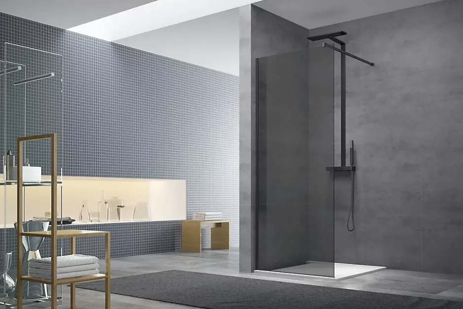 Swiss Aqua Technologies Walk-in Set Paroi de douche 77x200cm fixe en verre fumé + Bras de montage + Profilé, Noir (WI80KS-SET)