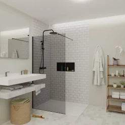 Swiss Aqua Technologies Walk-in 100x200cm Paroi en verre fumé 8 mm anticalcaire, avec bras et profilés noir mat (SATBWI100KSPRC)* Paroi De Douche