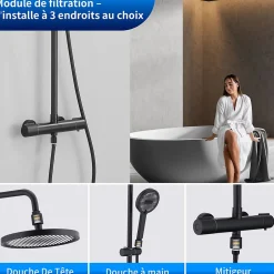 Homelody Système de Douche avec Filtre et Thermostat Noir avec Douchette à Main à 3 Types de Jets et Douche de Tête de 25 cm* Colonne De Douche Thermostatique