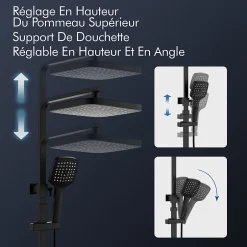 Homelody Système de Douche avec Thermostat et Tablette de Douche Noir - Ensemble Complet de Robinetterie de Douche* Colonne De Douche Thermostatique