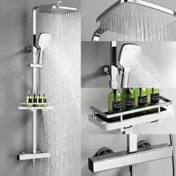 Homelody Système de Douche avec Thermostat et Tablette de Douche Chromée, Ensemble Complet de Robinetterie de Douche* Colonne De Douche Thermostatique